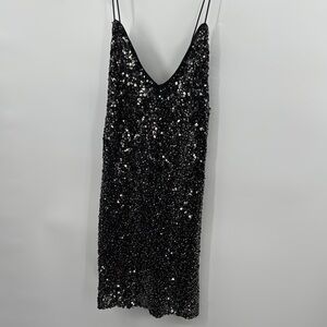 Lulu's Black Mini Sequin Slip Dress with Spaghetti Straps